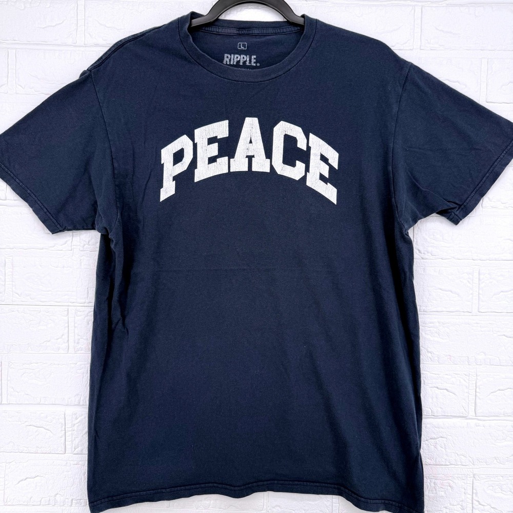 Ripple Peace Graphic T-Shirt Mens Large Navy Blue Collegiate Style Short Sleeve